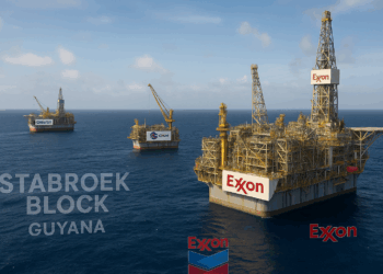 Vista aérea de plataformas petroleras en el Bloque Stabroek con logotipos de Exxon, Chevron y CNOOC visibles.