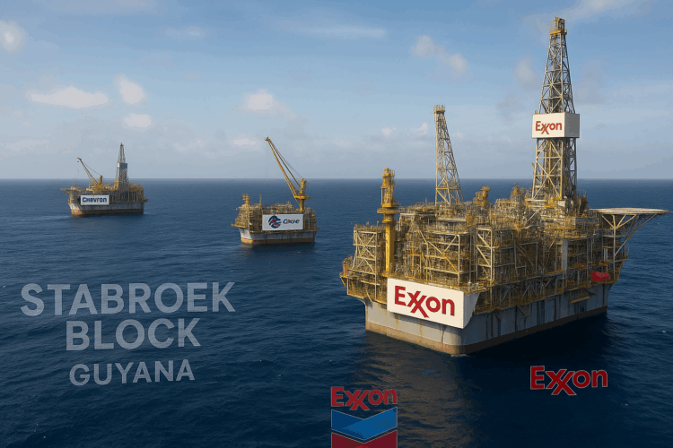 Vista aérea de plataformas petroleras en el Bloque Stabroek con logotipos de Exxon, Chevron y CNOOC visibles.