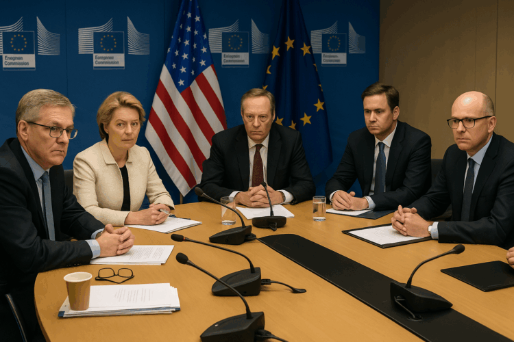 Funcionarios con gesto serio en sala de la Comisión Europea, con banderas de EE.UU. y la UE al fondo.