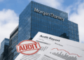 Fachada de Morgan Stanley con documentos marcados “audit” y gráficos superpuestos en primer plano.
