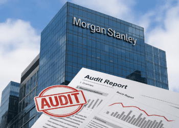 Fachada de Morgan Stanley con documentos marcados “audit” y gráficos superpuestos en primer plano.