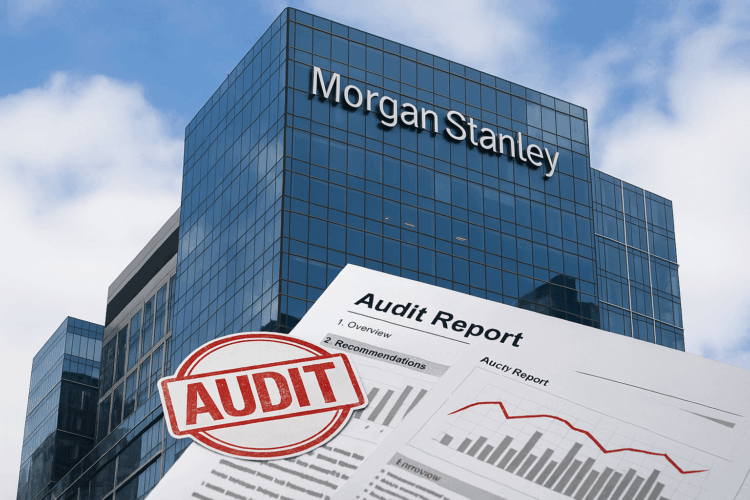 Fachada de Morgan Stanley con documentos marcados “audit” y gráficos superpuestos en primer plano.