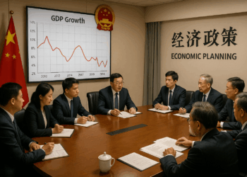 Funcionarios en china reunidos en sala con gráficos en pared y bandera nacional durante sesión de planificación.