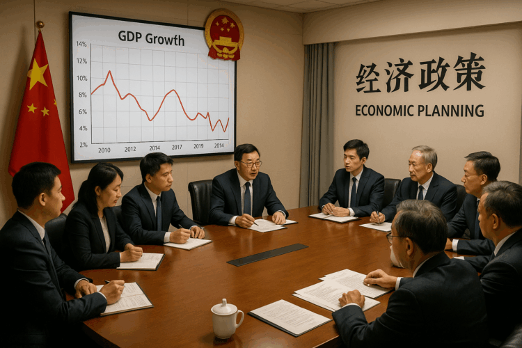 Funcionarios en china reunidos en sala con gráficos en pared y bandera nacional durante sesión de planificación.