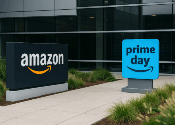 Exterior del campus de Amazon con cartel de Prime Day y racks de servidores visibles al fondo.
