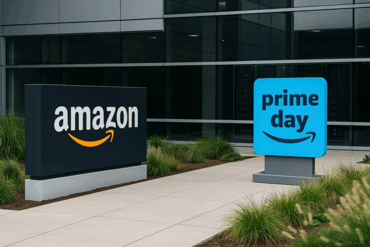 Exterior del campus de Amazon con cartel de Prime Day y racks de servidores visibles al fondo.