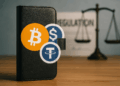 Billetera digital con logos de Bitcoin y stablecoins frente a símbolo regulatorio difuminado de fondo.