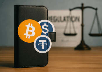 Billetera digital con logos de Bitcoin y stablecoins frente a símbolo regulatorio difuminado de fondo.