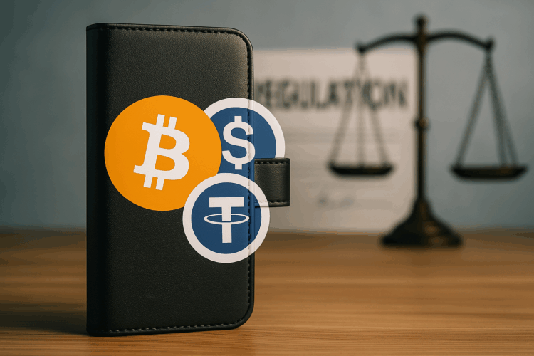 Billetera digital con logos de Bitcoin y stablecoins frente a símbolo regulatorio difuminado de fondo.