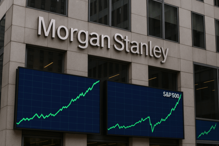 Sede de Morgan Stanley con pantallas digitales que muestran gráficos de mercados financieros en alza.