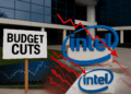 Edificio de Intel con cartel de recortes presupuestarios y gráficos rojos en caída superpuestos.