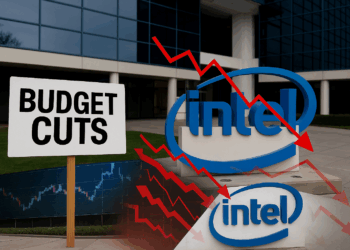 Edificio de Intel con cartel de recortes presupuestarios y gráficos rojos en caída superpuestos.