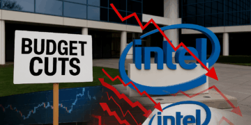 Edificio de Intel con cartel de recortes presupuestarios y gráficos rojos en caída superpuestos.