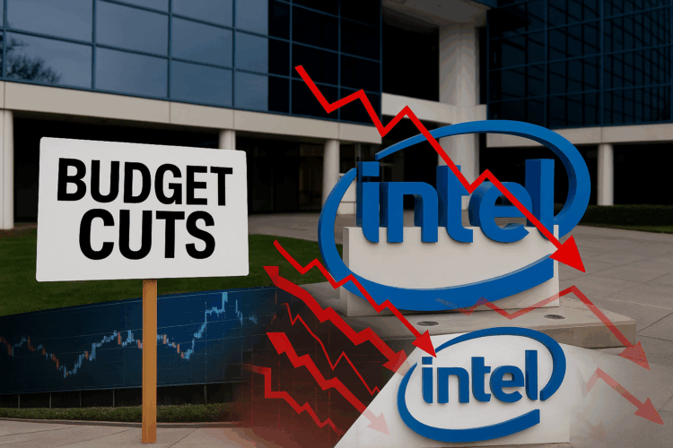 Edificio de Intel con cartel de recortes presupuestarios y gráficos rojos en caída superpuestos.