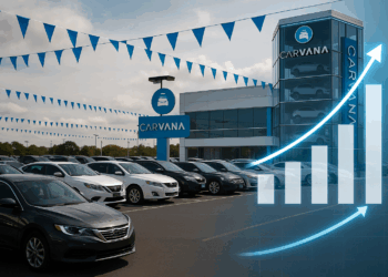 Fotografía horizontal de playa de autos Carvana con tótem, banderines y gráfico de crecimiento azul.