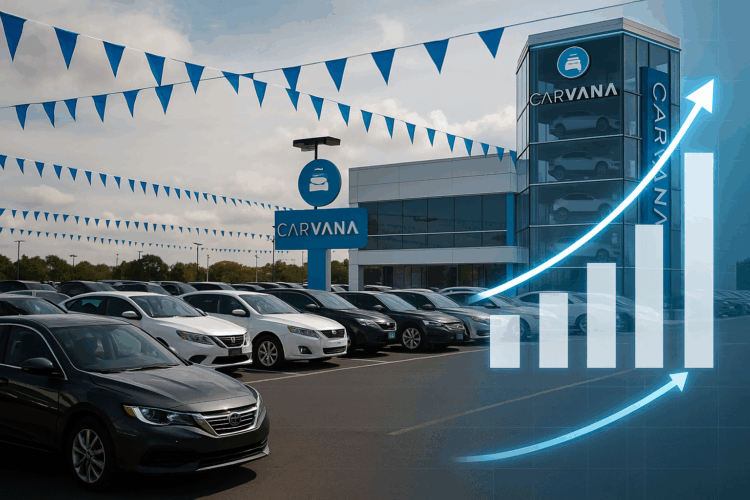 Fotografía horizontal de playa de autos Carvana con tótem, banderines y gráfico de crecimiento azul.