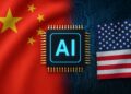 Chip de inteligencia artificial entre banderas de China y EE. UU. en rivalidad tecnológica global.