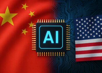 Chip de inteligencia artificial entre banderas de China y EE. UU. en rivalidad tecnológica global.