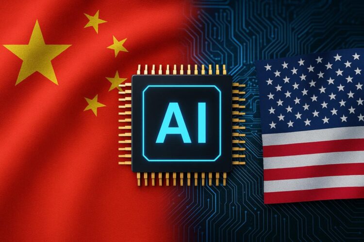 Chip de inteligencia artificial entre banderas de China y EE. UU. en rivalidad tecnológica global.