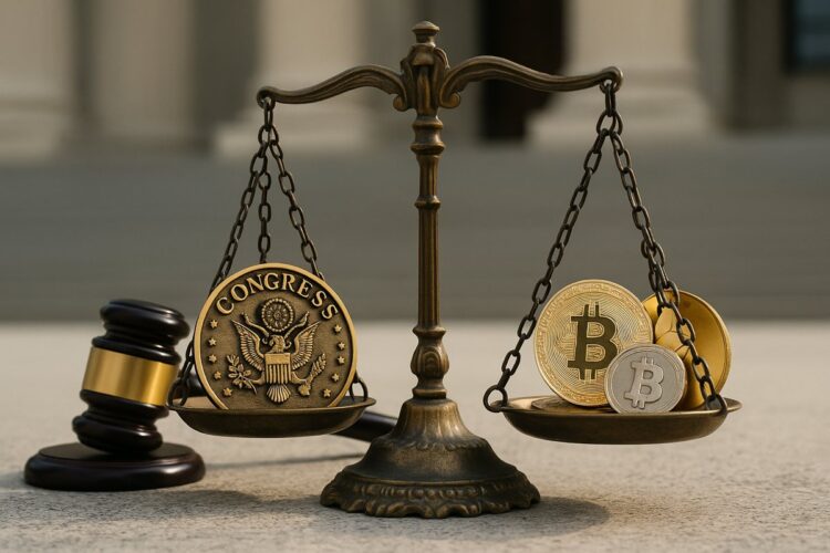 Una balanza simboliza el conflicto entre el Congreso de EE UU y el mercado cripto emergente.