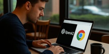 Joven usando laptop con logo de OpenAI visible y navegador abierto en cafetería con luz natural suave.