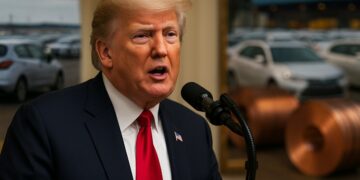 Donald Trump anuncia tarifas con autos y cobre al fondo en conferencia sobre medidas comerciales sectoriales.