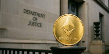Ethereum sobre barandilla frente al Departamento de Justicia de EE. UU. simbolizando control gubernamental.