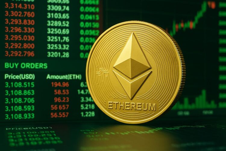 Ether dorado en primer plano sobre pantalla con órdenes de compra y gráfico alcista de fondo.