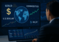 Radar financiero con gráficos de commodities, dólar, petróleo y lingotes de oro.