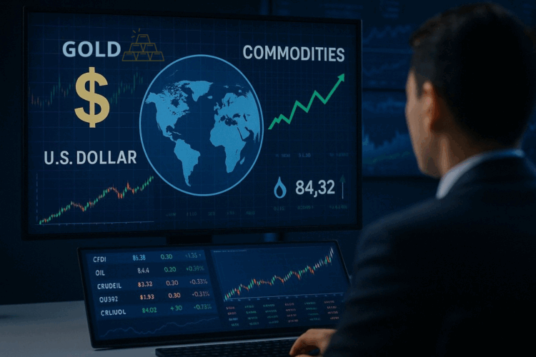 Radar financiero con gráficos de commodities, dólar, petróleo y lingotes de oro.