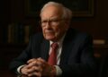 Warren Buffett pensativo en una sala elegante con fondo editorial.