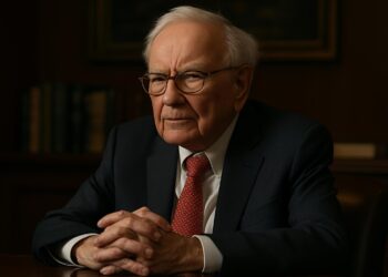 Warren Buffett pensativo en una sala elegante con fondo editorial.