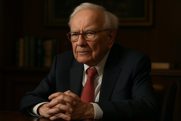 Warren Buffett pensativo en una sala elegante con fondo editorial.