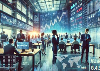 Mercado de acciones financieras con traders analizando datos y gráficos bursátiles en tiempo real.