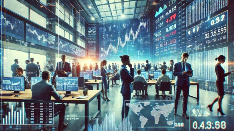 Mercado de acciones financieras con traders analizando datos y gráficos bursátiles en tiempo real.