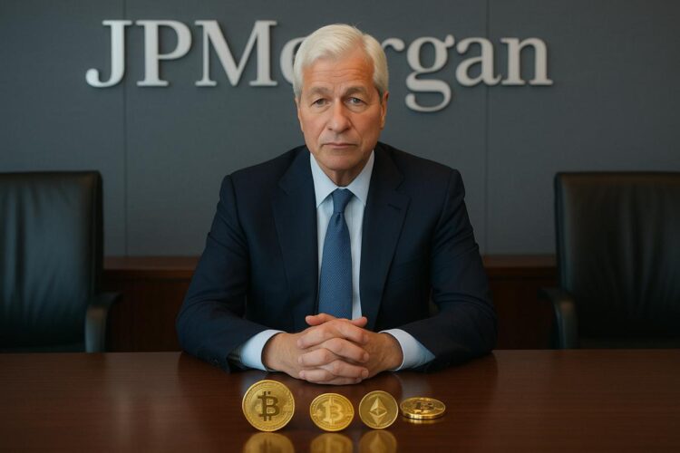 Jamie Dimon CEO de JPMorgan frente a símbolos de criptomonedas.
