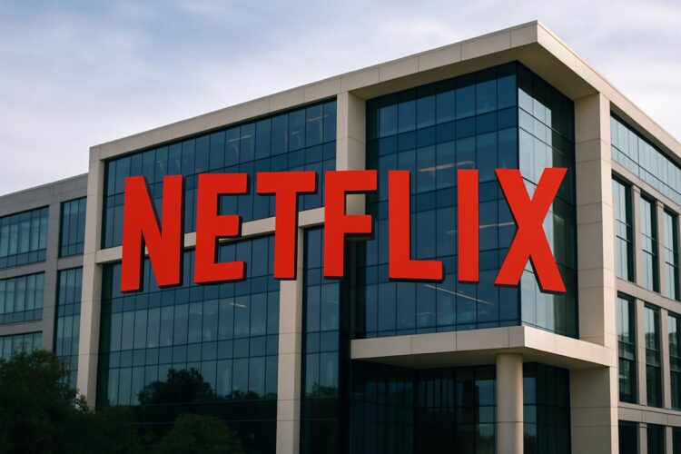 Logo de Netflix centrado frente a su sede corporativa tras resultados financieros del segundo trimestre.