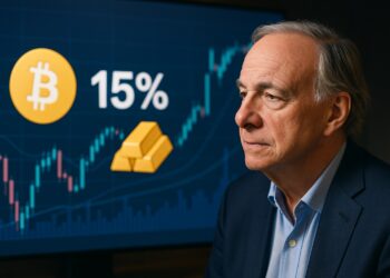 Ray Dalio con gráficos de Bitcoin y oro al fondo en pantalla financiera.