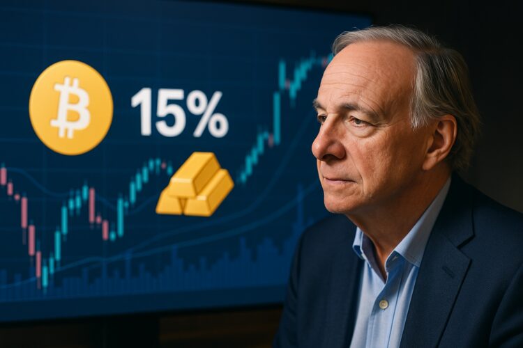Ray Dalio con gráficos de Bitcoin y oro al fondo en pantalla financiera.