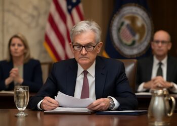 Jerome Powell preside reunión del FOMC en la Reserva Federal con tono serio y ambiente institucional.