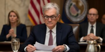 Jerome Powell preside reunión del FOMC en la Reserva Federal con tono serio y ambiente institucional.
