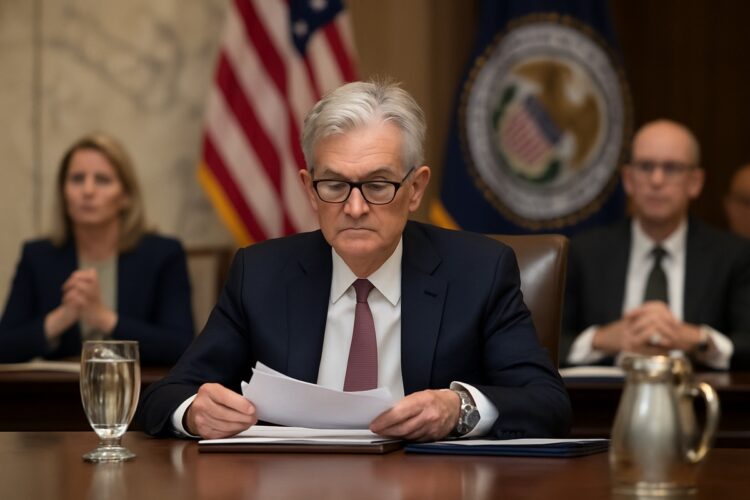 Jerome Powell preside reunión del FOMC en la Reserva Federal con tono serio y ambiente institucional.