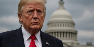 Donald Trump frente al Capitolio de EE. UU. refleja aprobación de su megabill en el Senado este julio.