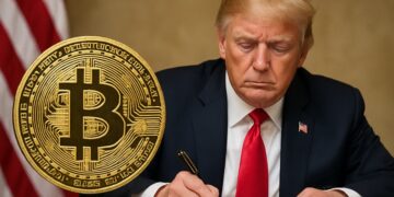 Donald Trump frente a una mesa con una gran moneda de Bitcoin en primer plano en contexto institucional.