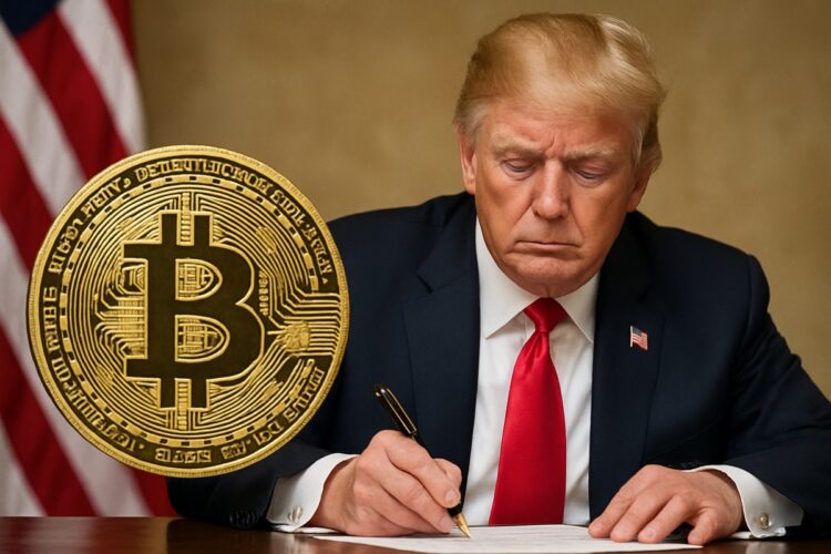 Donald Trump frente a una mesa con una gran moneda de Bitcoin en primer plano en contexto institucional.