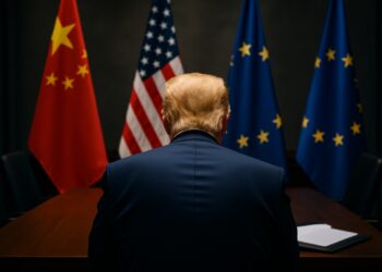 Donald Trump observa sala con banderas de China, EE.UU. y UE durante negociación.