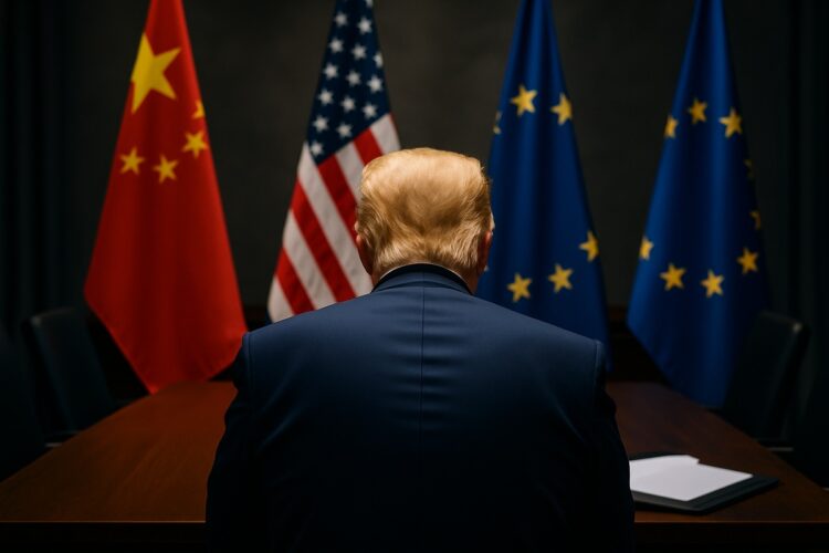 Donald Trump observa sala con banderas de China, EE.UU. y UE durante negociación.
