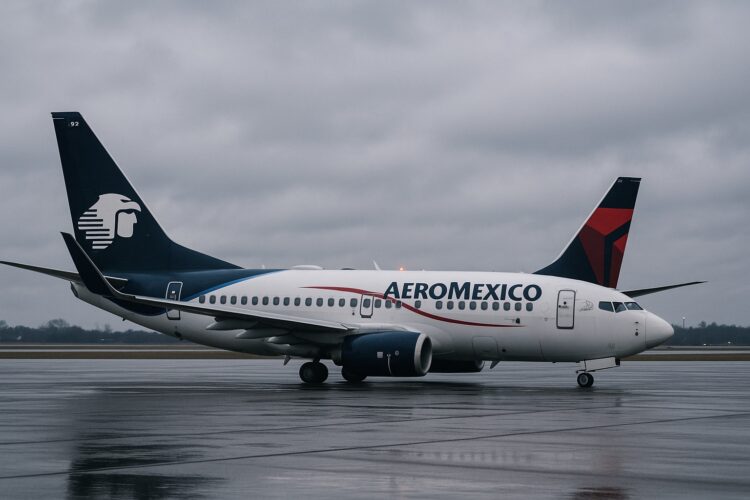 Aviones de Aeroméxico y Delta en una pista mojada bajo cielo nublado, con ambiente frío y corporativo.