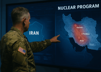 Un militar estadounidense señala un mapa de Irán con sitios clave del programa nuclear en una pantalla de inteligencia