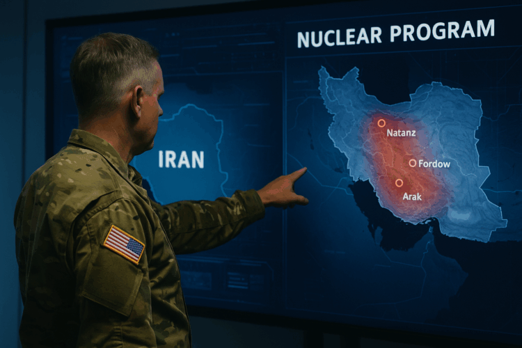 Un militar estadounidense señala un mapa de Irán con sitios clave del programa nuclear en una pantalla de inteligencia
